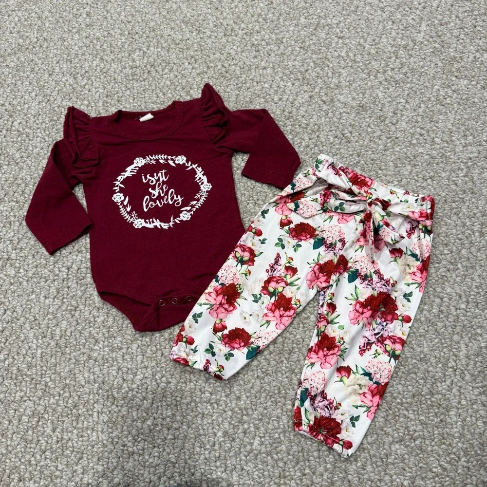 Baby Girl Ruffle Sleeve Bodysuit Floral Pants‎ Outfit Set Size 6-9 Months